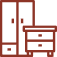 Icône stylisée rouge foncé représentant des meubles de chambre : une armoire haute à gauche et une commode avec deux tiroirs à droite.
