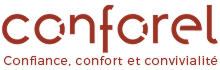 Logo Confarel en rouge brique sur fond noir, avec le slogan « Confiance, confort et convivialité » en dessous.