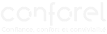 Logo Conforel blanc sur fond noir avec le slogan "Confiance, confort et convivialité" en dessous.