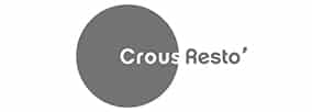 Logo Crous Resto : service restauration étudiant Logo Crous Resto : texte blanc "Crous Resto" à droite d'un cercle gris foncé sur fond blanc.