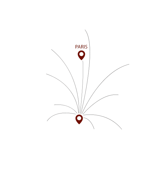 Carte stylisée de la France blanche, montrant des lignes reliant Paris à un point central dans le sud-ouest, symbolisant des connexions.
