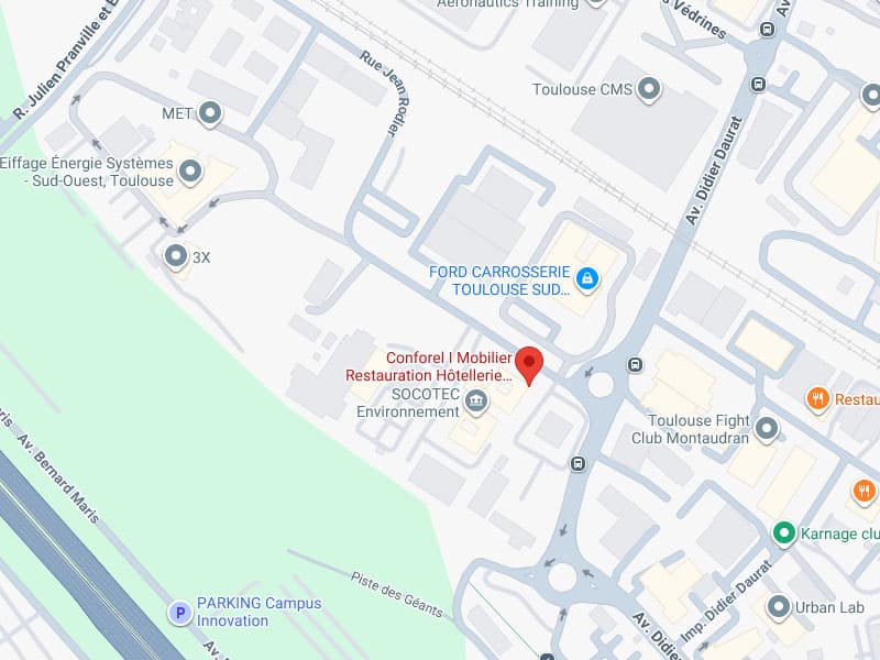 Carte Google Maps localisant Conforel I Mobilier, près de Eiffage Énergie Systèmes, Toulouse Sud, avec rues : Av. Didier Daurat, R. Julien Pranville et Piste des Géants.